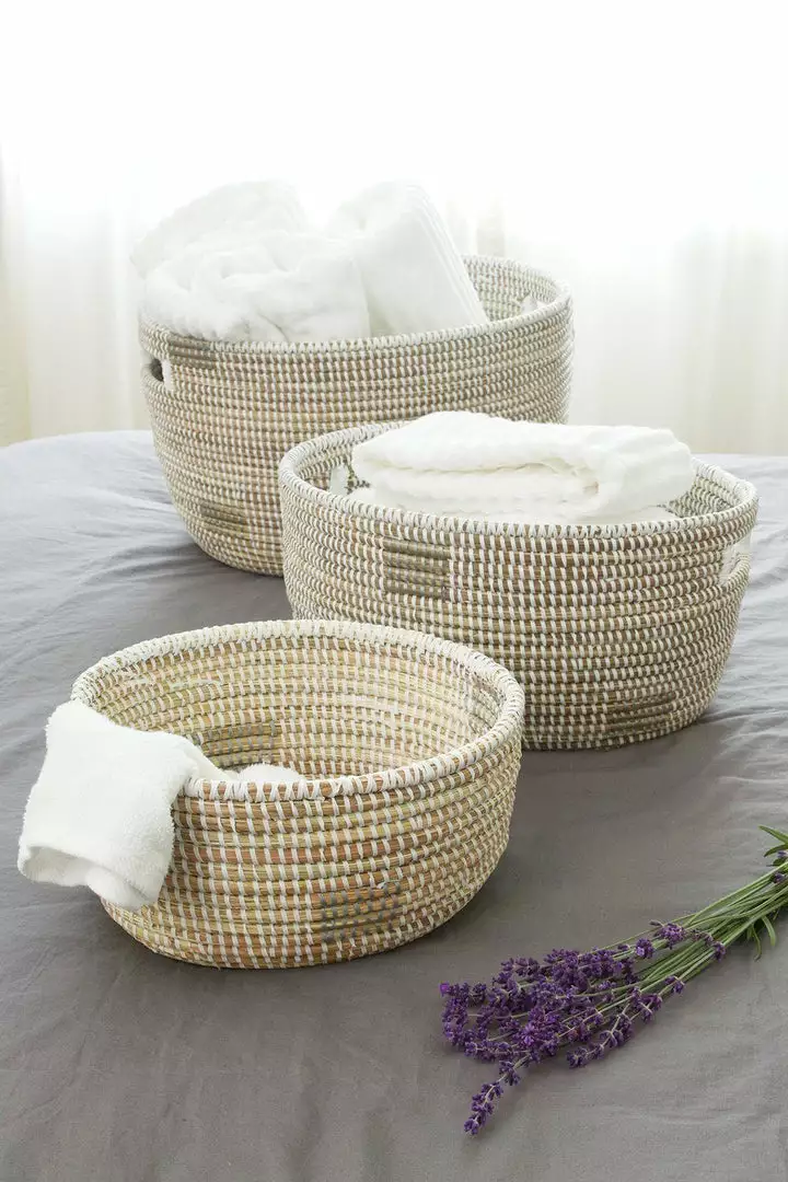 Swahili African Modern Set Of Three White Nesting Baskets 4 Swahili African Modern Set Of Three White Nesting Baskets