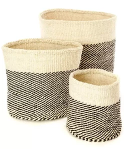 Swahili African Modern Black And Cream Twill Sisal Nesting Basket Set