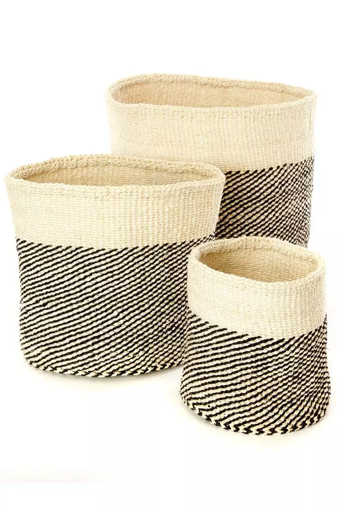 Swahili African Modern Black And Cream Twill Sisal Nesting Basket Set 1 Swahili African Modern Black And Cream Twill Sisal Nesting Basket Set
