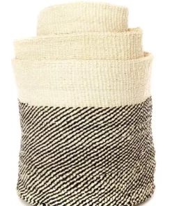 Swahili African Modern Black And Cream Twill Sisal Nesting Basket Set 7 Swahili African Modern Black And Cream Twill Sisal Nesting Basket Set