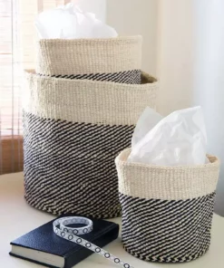 Swahili African Modern Black And Cream Twill Sisal Nesting Basket Set