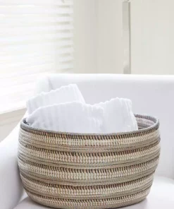 Swahili African Modern Black, Silver And White Striped Knitting Basket