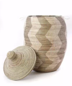 Swahili African Modern Extra Large Silver And White ZigZag Hamper