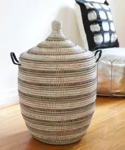 Swahili African Modern Medium Black, Silver + White Striped Laundry Hamper