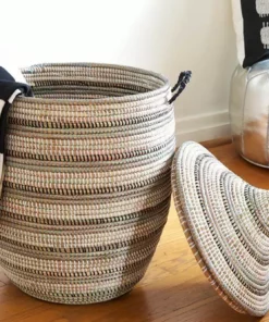 Swahili African Modern Medium Black, Silver + White Striped Laundry Hamper