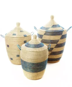 Swahili African Modern Home Goods Blue And Cream Mixed Pattern Hamper Set