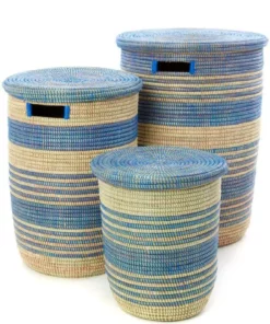 Swahili African Modern Home Goods Blue Ebb + Flow Striped Hamper Set