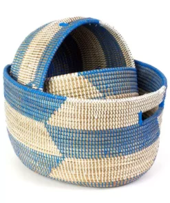 Swahili African Modern Set Of Three Blue Herringbone Sewing Baskets Home Goods