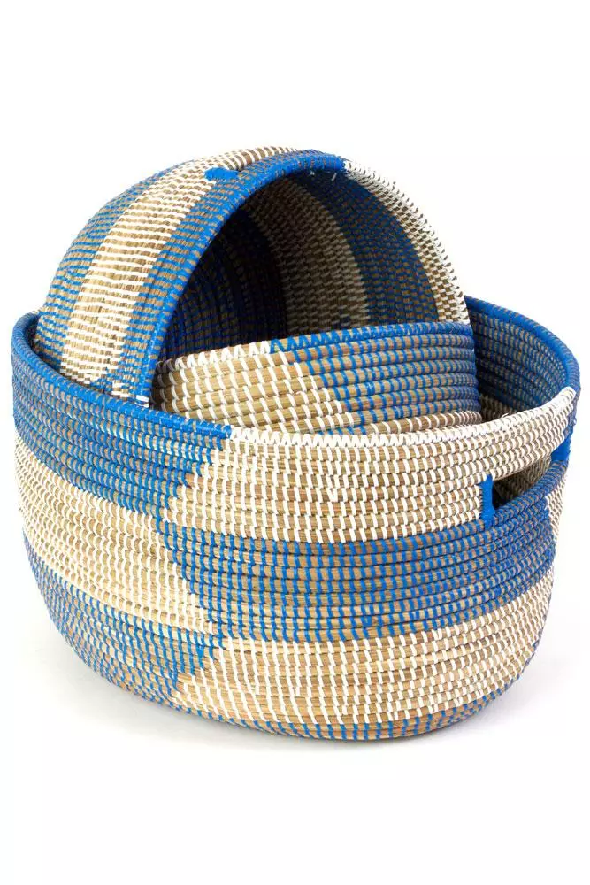 Swahili African Modern Set Of Three Blue Herringbone Sewing Baskets Home Goods 1 Swahili African Modern Set Of Three Blue Herringbone Sewing Baskets Home Goods
