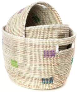 Swahili African Modern Home Goods Set Of Three Prismatic Pixels Sewing Baskets