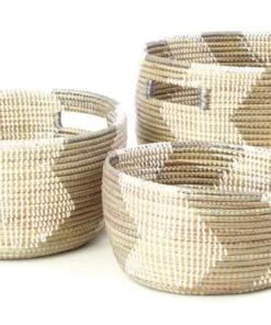 Swahili African Modern Silver And White ZigZag Nesting Basket Set Home Goods