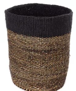 Swahili African Modern Tall Black Sisal And Banana Fiber Twill Basket Home Goods