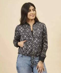 Symbology Art Deco Modal Bomber Jacket - Black + Silver Best Sellers