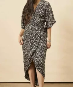 Symbology Art Deco Modal Maxi Wrap Dress - Black + Cream