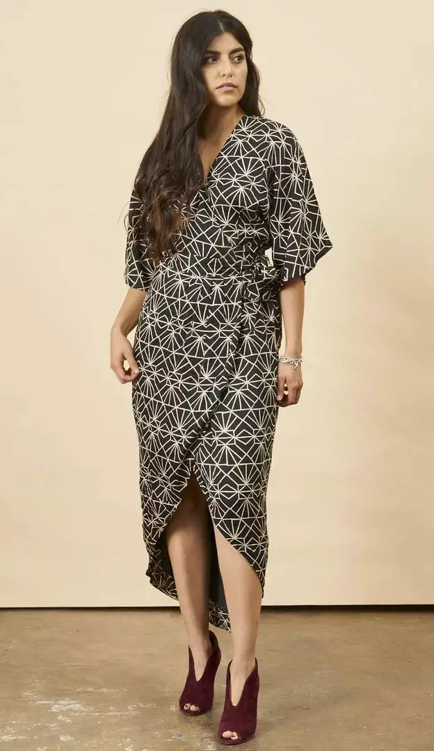 Symbology Art Deco Modal Maxi Wrap Dress - Black + Cream 1 Symbology Art Deco Modal Maxi Wrap Dress - Black + Cream