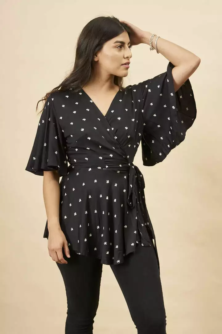 Symbology Baby Cacti Modal Peplum Blouse - Black + White Clothing 1 Symbology Baby Cacti Modal Peplum Blouse - Black + White Clothing