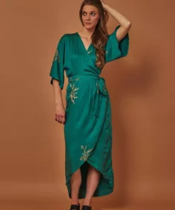 Symbology Cherry Blossom Modal Maxi Wrap Dress - Emerald + Gold Best Sellers