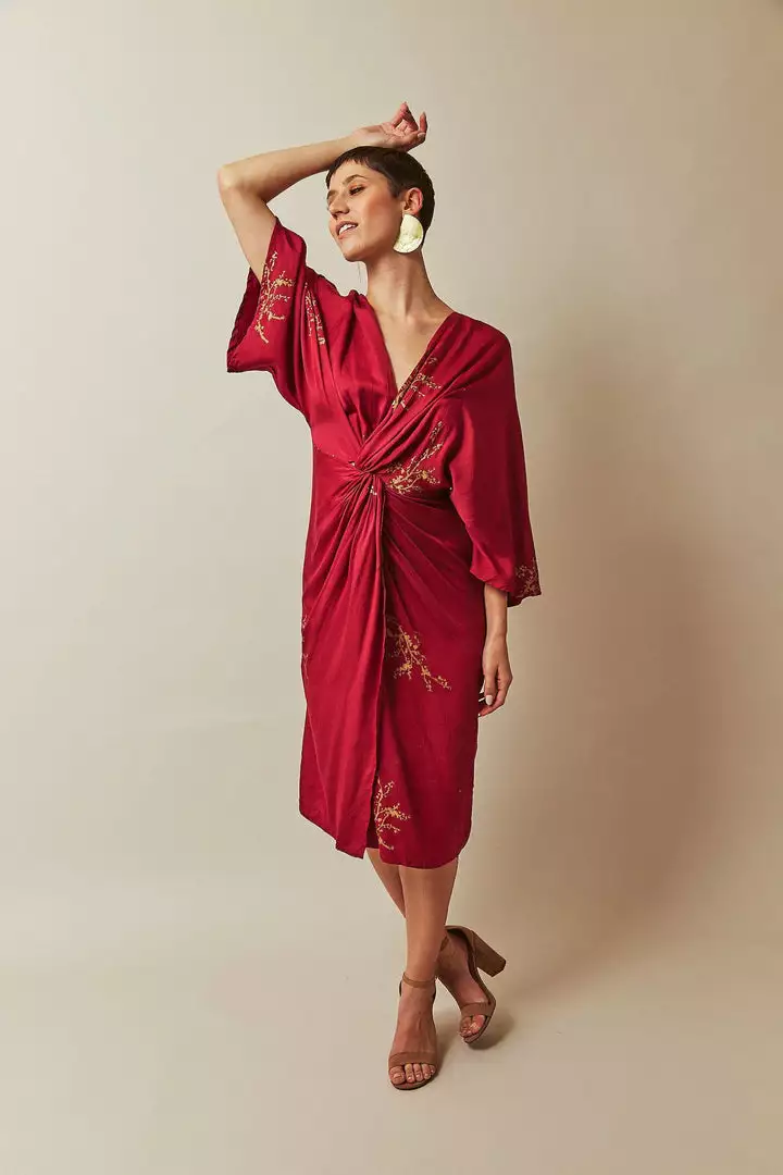 Symbology Cherry Blossom Modal Twisted Midi Dress - Raspberry + Gold 1 Symbology Cherry Blossom Modal Twisted Midi Dress - Raspberry + Gold