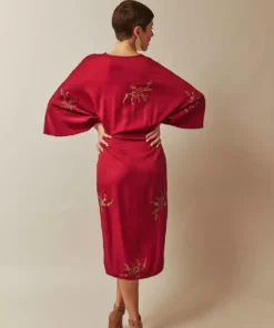 Symbology Cherry Blossom Modal Twisted Midi Dress - Raspberry + Gold
