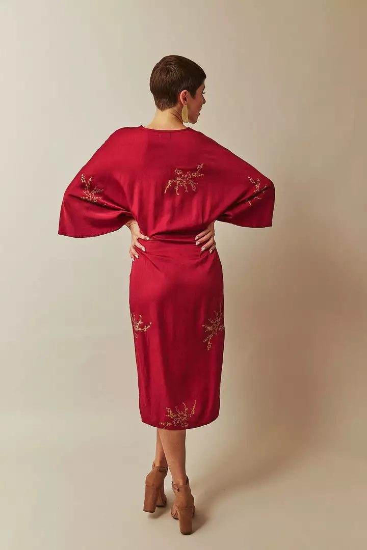 Symbology Cherry Blossom Modal Twisted Midi Dress - Raspberry + Gold 2 Symbology Cherry Blossom Modal Twisted Midi Dress - Raspberry + Gold