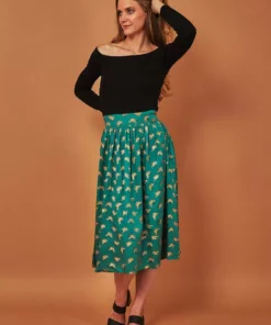 Symbology Best Sellers Gingko Leaf Midi Skirt - Green + Gold