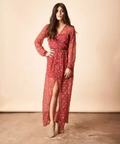 Symbology Sale Ginkgo Leaf Maxi Button Down Dress In Magenta + Gold 10 Symbology Sale Ginkgo Leaf Maxi Button Down Dress In Magenta + Gold