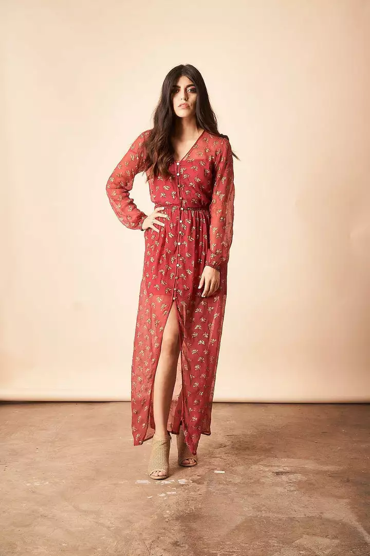 Symbology Sale Ginkgo Leaf Maxi Button Down Dress In Magenta + Gold 5 Symbology Sale Ginkgo Leaf Maxi Button Down Dress In Magenta + Gold