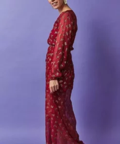 Symbology Sale Ginkgo Leaf Maxi Button Down Dress In Magenta + Gold