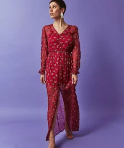 Symbology Sale Ginkgo Leaf Maxi Button Down Dress In Magenta + Gold