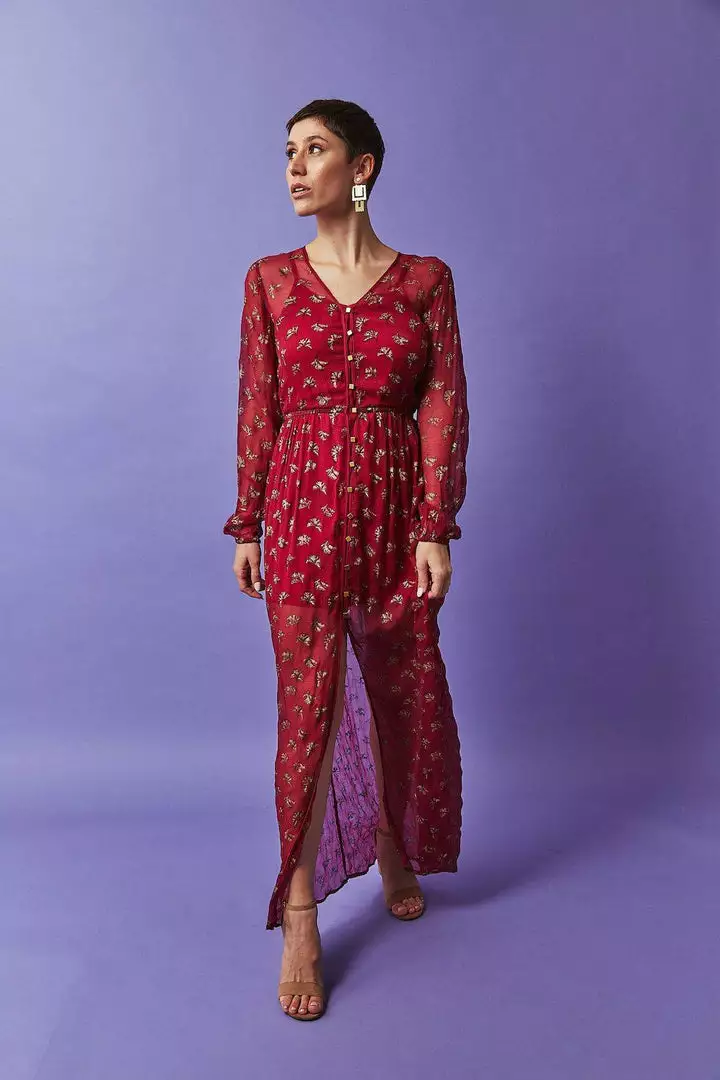 Symbology Sale Ginkgo Leaf Maxi Button Down Dress In Magenta + Gold 2 Symbology Sale Ginkgo Leaf Maxi Button Down Dress In Magenta + Gold