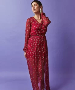 Symbology Sale Ginkgo Leaf Maxi Button Down Dress In Magenta + Gold 9 Symbology Sale Ginkgo Leaf Maxi Button Down Dress In Magenta + Gold