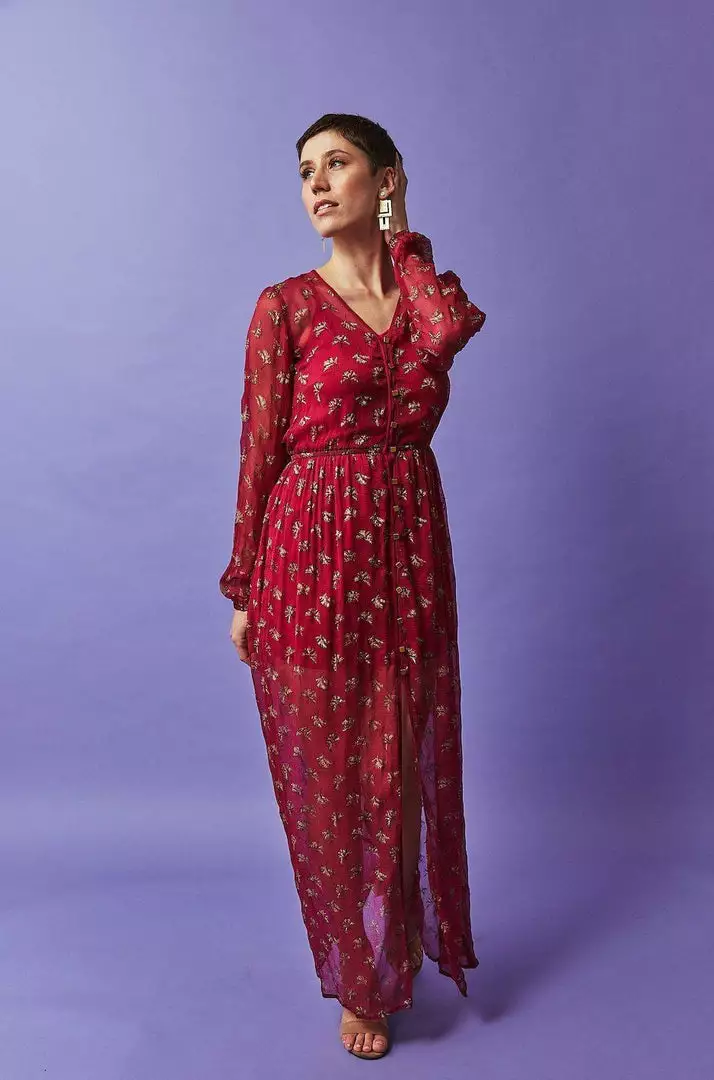 Symbology Sale Ginkgo Leaf Maxi Button Down Dress In Magenta + Gold 4 Symbology Sale Ginkgo Leaf Maxi Button Down Dress In Magenta + Gold