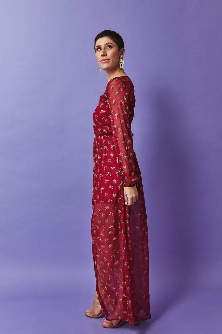 Symbology Sale Ginkgo Leaf Maxi Button Down Dress In Magenta + Gold 3 Symbology Sale Ginkgo Leaf Maxi Button Down Dress In Magenta + Gold