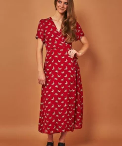 Symbology Ginkgo Leaf Midi Wrap Dress - Red + Silver