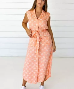 Symbology Ginkgo Leaf Modal Shirtdress - Peach + Cream