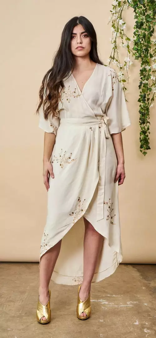 Symbology Hand Beaded Cherry Blossom Modal Maxi Wrap - Ivory + Antique Gold Best Sellers 1 Symbology Hand Beaded Cherry Blossom Modal Maxi Wrap - Ivory + Antique Gold Best Sellers