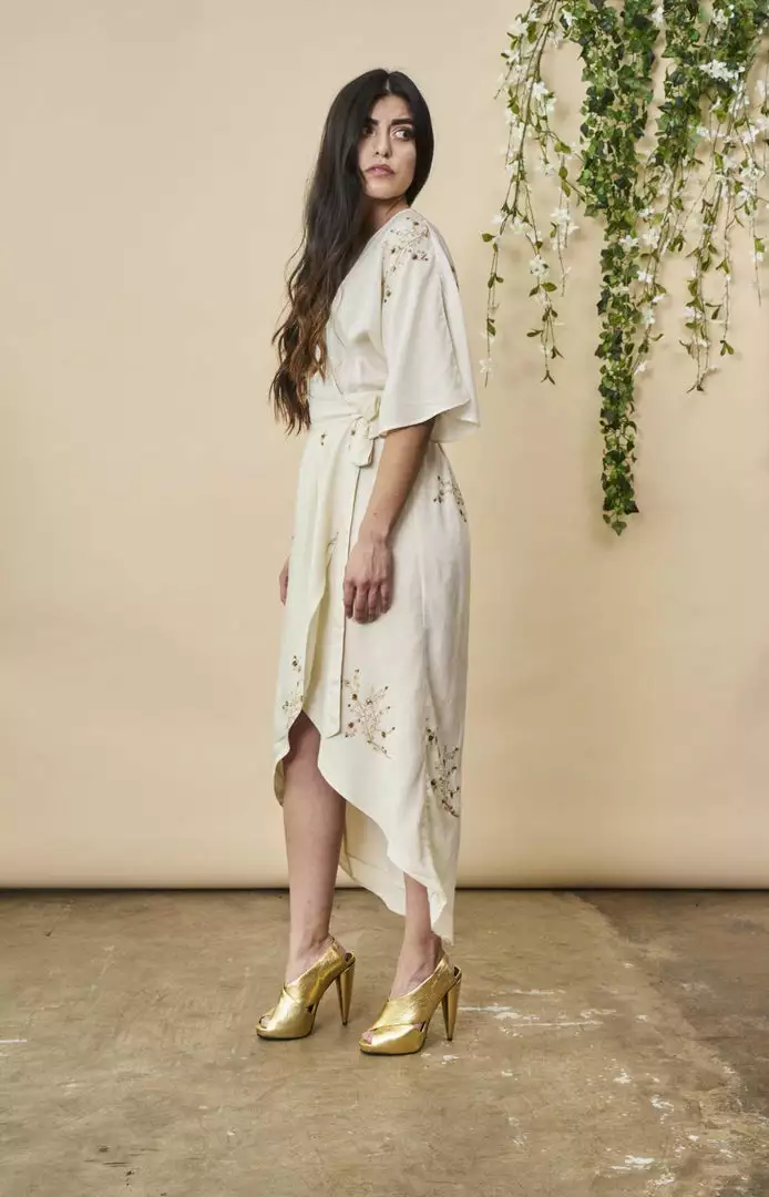 Symbology Hand Beaded Cherry Blossom Modal Maxi Wrap - Ivory + Antique Gold Best Sellers 3 Symbology Hand Beaded Cherry Blossom Modal Maxi Wrap - Ivory + Antique Gold Best Sellers