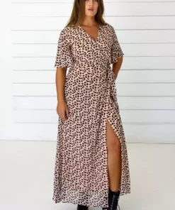 Symbology Special Occasion Leopard Maxi Wrap Dress - Blush + Black