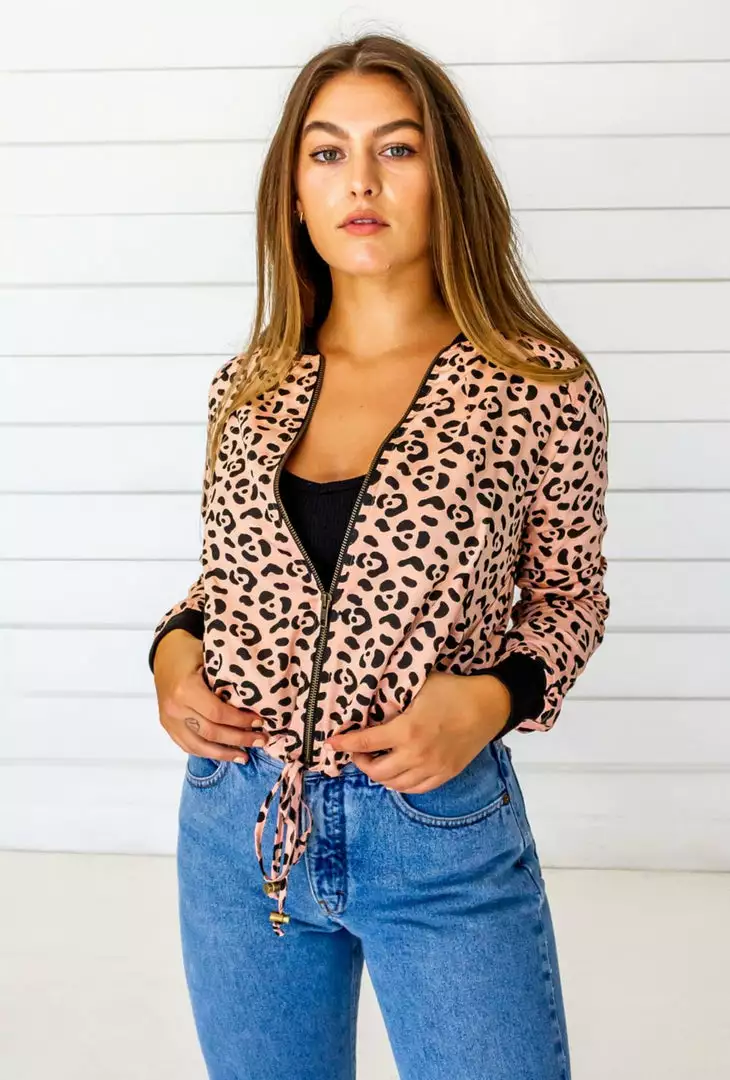 Symbology Leopard Modal Bomber Jacket - Blush + Black Sale 1 Symbology Leopard Modal Bomber Jacket - Blush + Black Sale