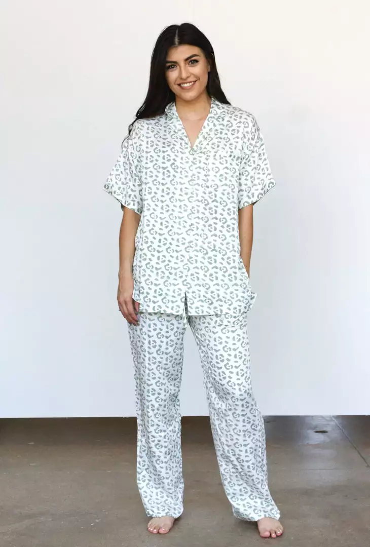 Symbology Best Sellers Modal Leopard Pajama Set - Cream + Sage 1 Symbology Best Sellers Modal Leopard Pajama Set - Cream + Sage