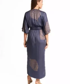 Symbology Best Sellers Peacock Feather Modal Wrap Dress - Navy + Gold