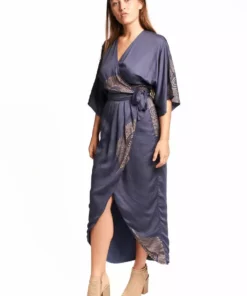 Symbology Best Sellers Peacock Feather Modal Wrap Dress - Navy + Gold