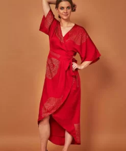 Symbology Best Sellers Peacock Feather Modal Wrap Dress - Lipstick Red + Gold