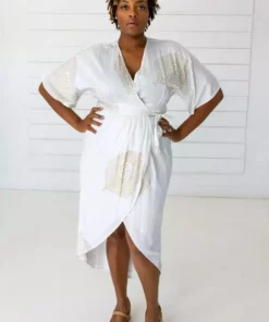 Symbology Peacock Modal Maxi Wrap Dress - White + Gold