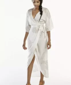 Symbology Peacock Modal Maxi Wrap Dress - White + Gold