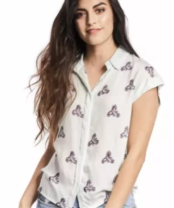 Symbology Printed Iris Blouse In Pale Mint + Blueberry