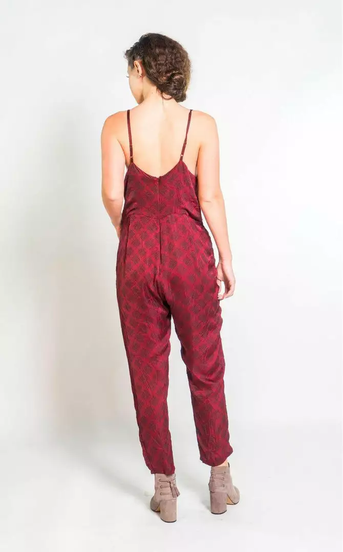 Symbology Special Occasion Silky Strappy Sketched Plaid Jumpsuit - Berry + Black 2 Symbology Special Occasion Silky Strappy Sketched Plaid Jumpsuit - Berry + Black