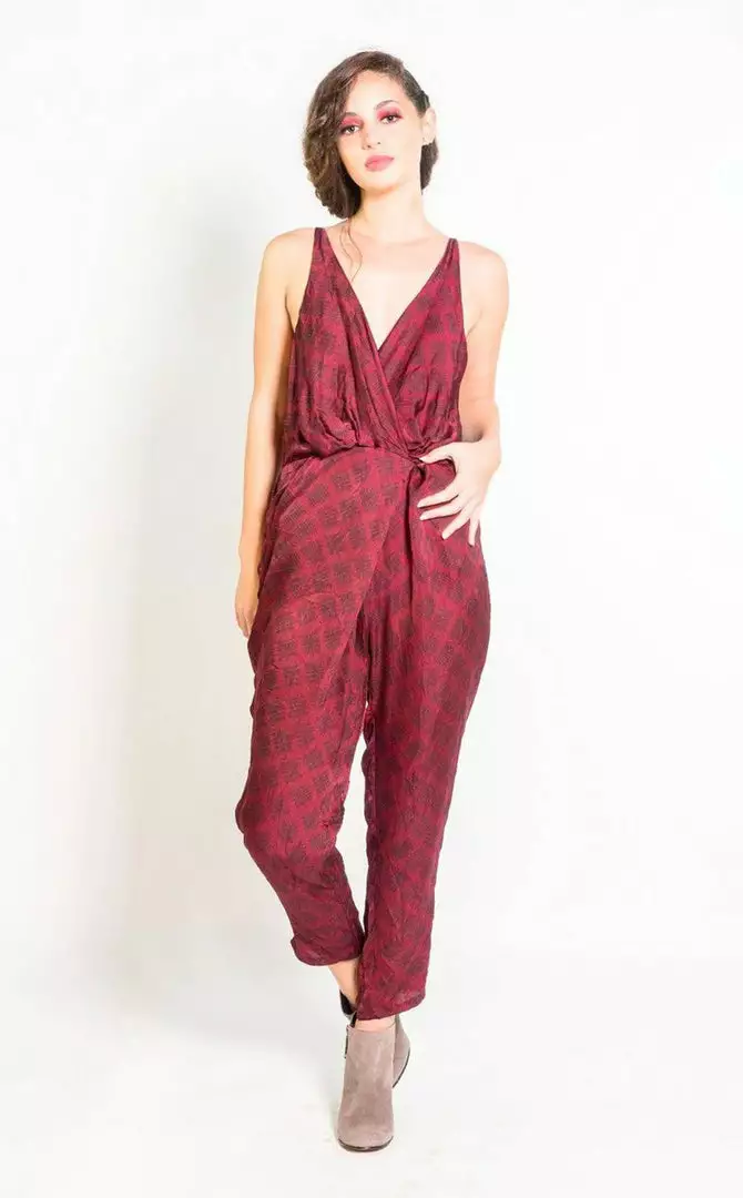 Symbology Special Occasion Silky Strappy Sketched Plaid Jumpsuit - Berry + Black 1 Symbology Special Occasion Silky Strappy Sketched Plaid Jumpsuit - Berry + Black