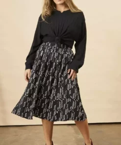 Symbology Sale Stylized Feather Modal Midi Skirt - Black + Cream