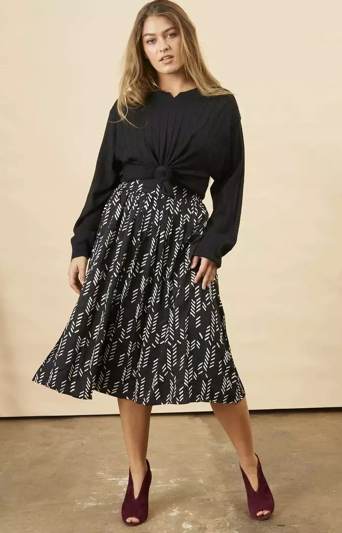 Symbology Sale Stylized Feather Modal Midi Skirt - Black + Cream 1 Symbology Sale Stylized Feather Modal Midi Skirt - Black + Cream